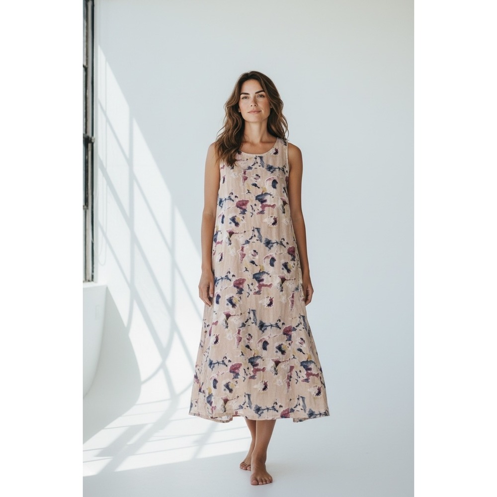 Bella Dahl Sleeveless Linen Watercolor Floral Midi Dress Pink Blue Tie Back